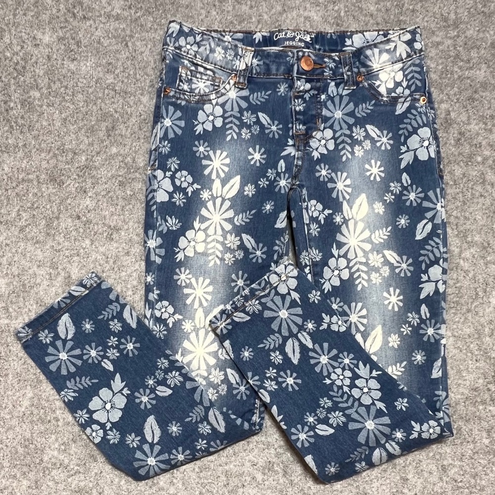 Cat & Jack Girls Floral Print Jeggings Blue‎ Denim Size 8 Adjustable Waist